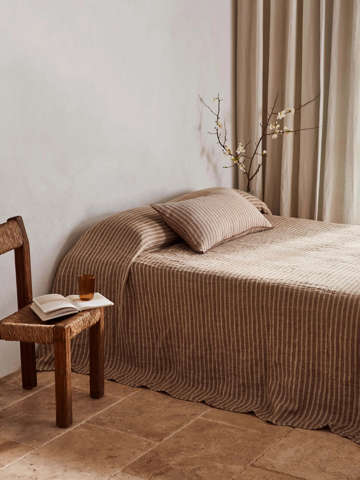 Ava Grand Toffee Stripe Pure Linen Bedcover