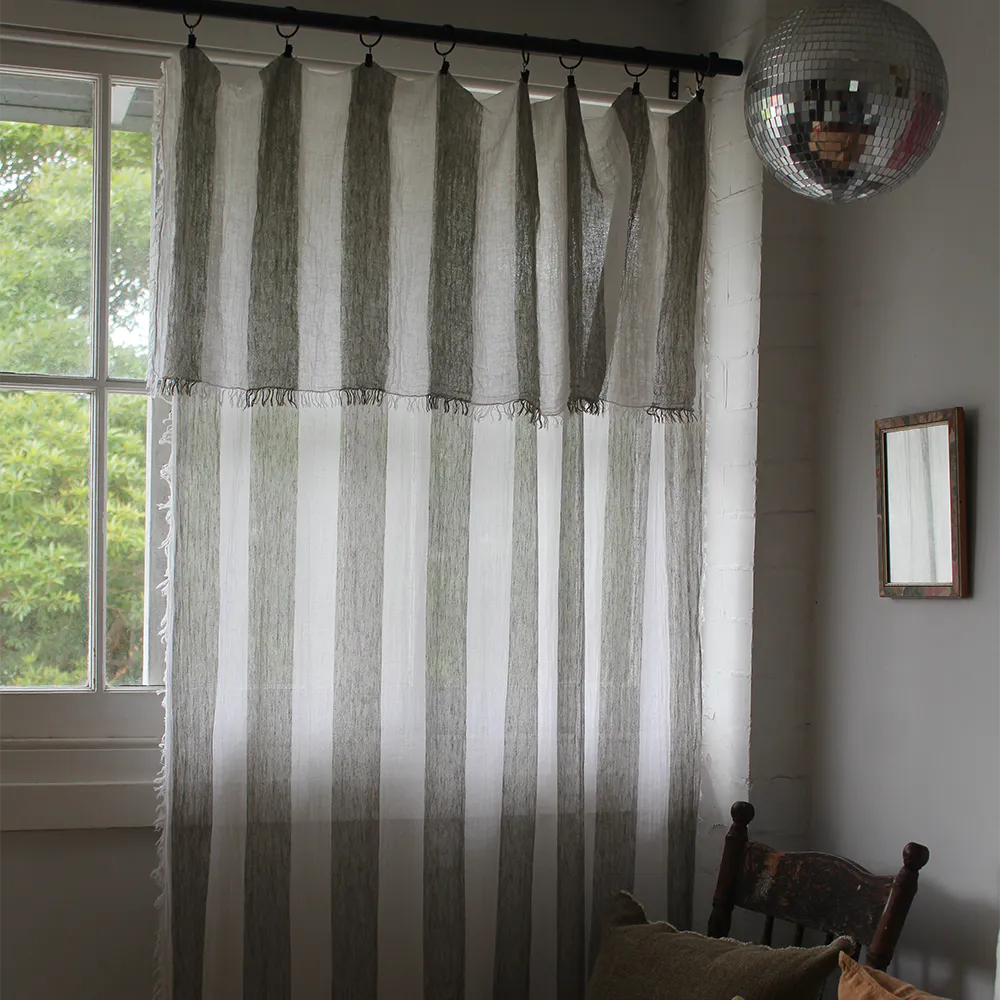 French Linen Curtain - Khaki Stripe